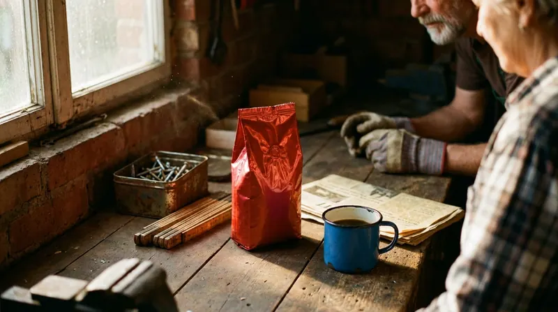 A workbench in a garage workshop with a red bag of chews, a coffee mug and a folded newspaper