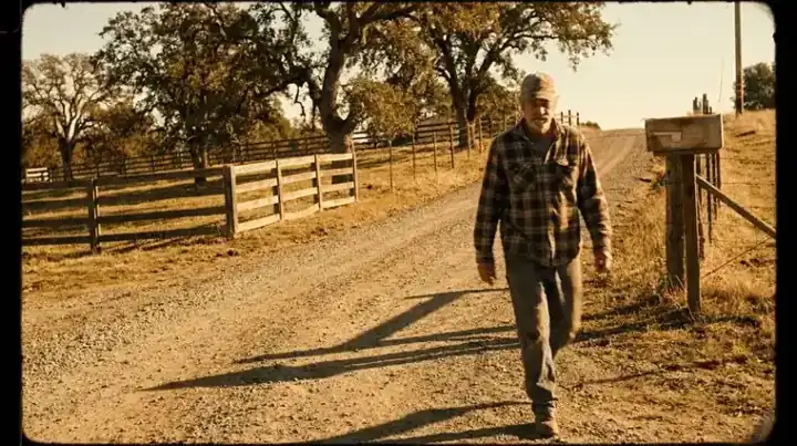 An older man walking up a rural gravel road toward a mailbox in afternoon light