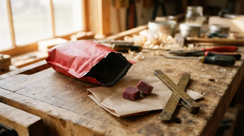 A red bag of chews open on a workbench with two berry-colored chews beside a folding ruler
