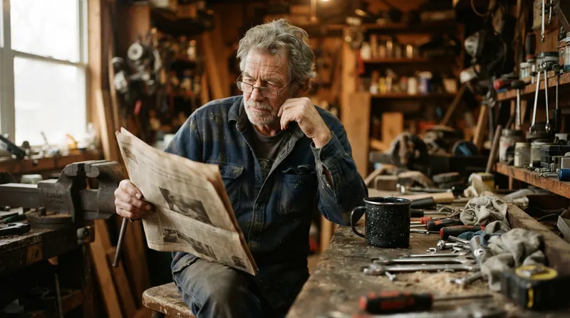 An older man reading at a workbench with reading glasses and a coffee mug